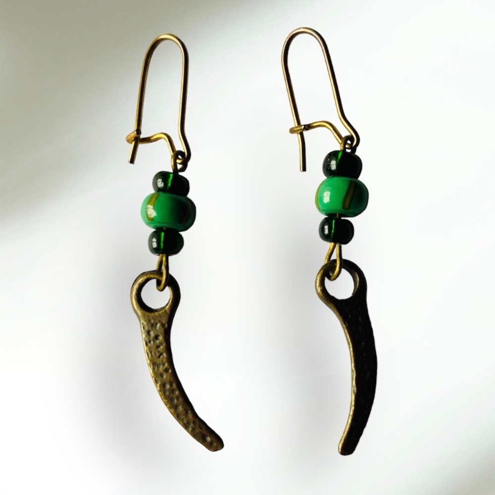 Vintage Boho Hippie brass dangle earrings with green beads